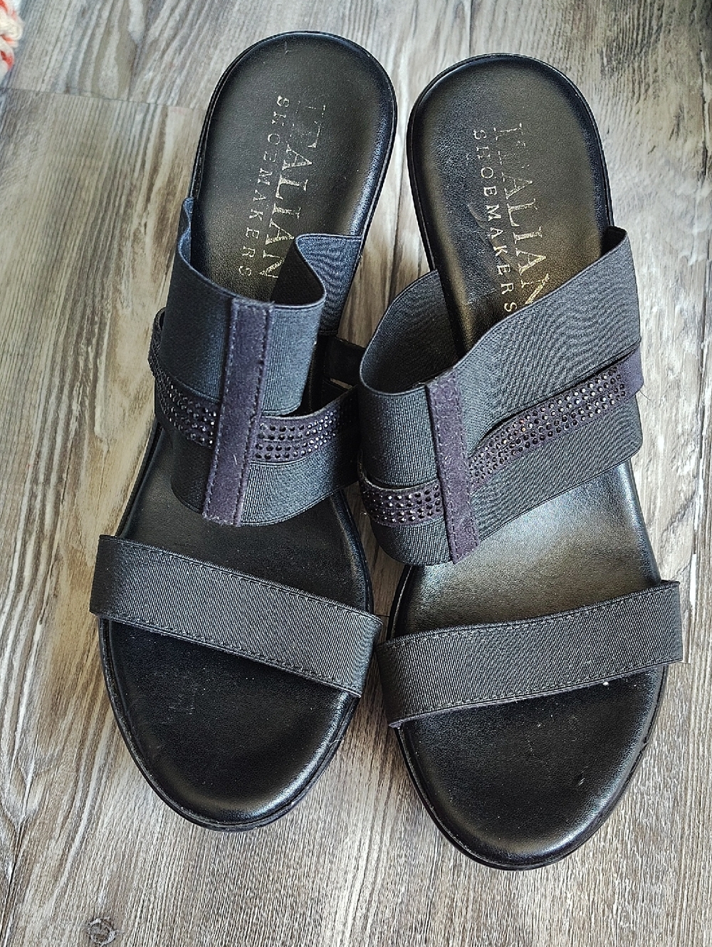 Italian Shoemakers Black Elastic Slide Mules with Decorative Trim